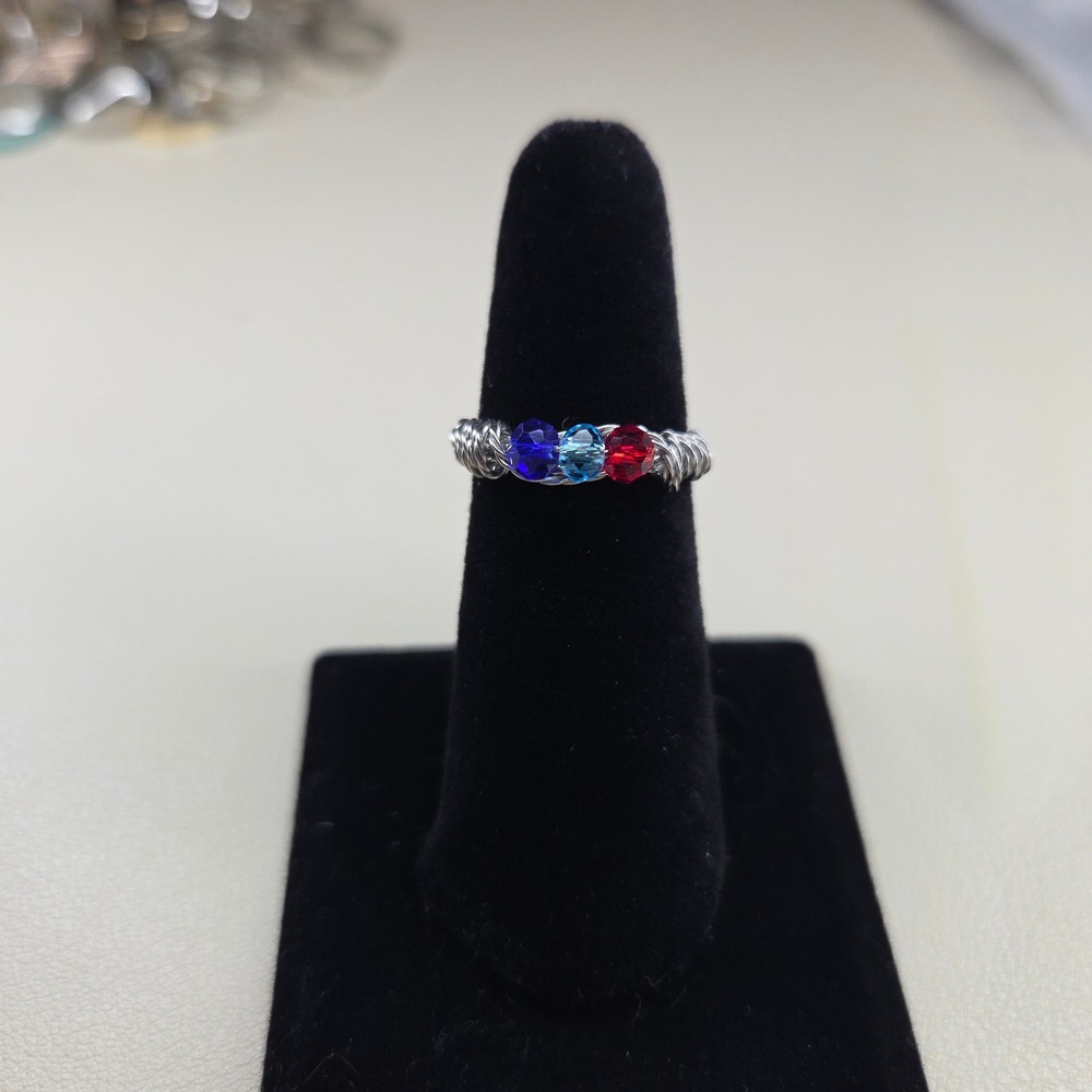 Handmade Wire Wrapped Crystal Bead Ring Silver Tone Blue Red Size 7 Artisan